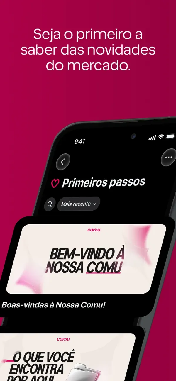 Tela do app Comu com boas-vindas e novidades do mercado