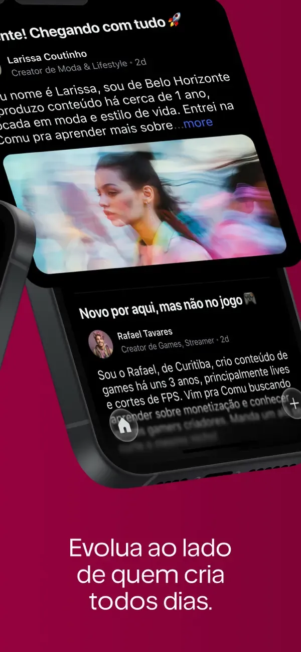 Tela do app Comu com conversas da comunidade de criadores
